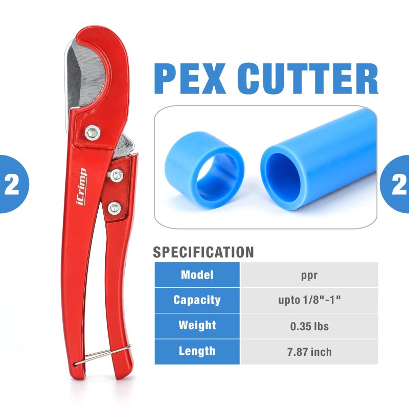 IWISS Angle PEX Crimping Tools Combo Kits for 1/2" & 3/4" Pex Crimp Rings with Go/No-Go Gauge with PEX Pipe Cutter Suits for All US F1807 Standards Copper Rings - Image 3